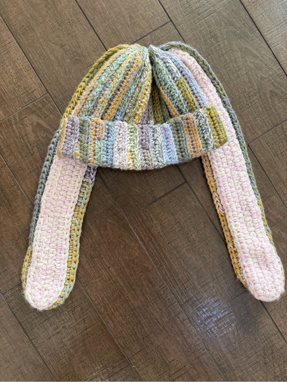Handmade Multicolor Crochet Bunny Ear Hat - Pastel Pink & Green